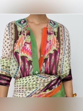 Zara Boho Top Large Tasseled Feather Button Down